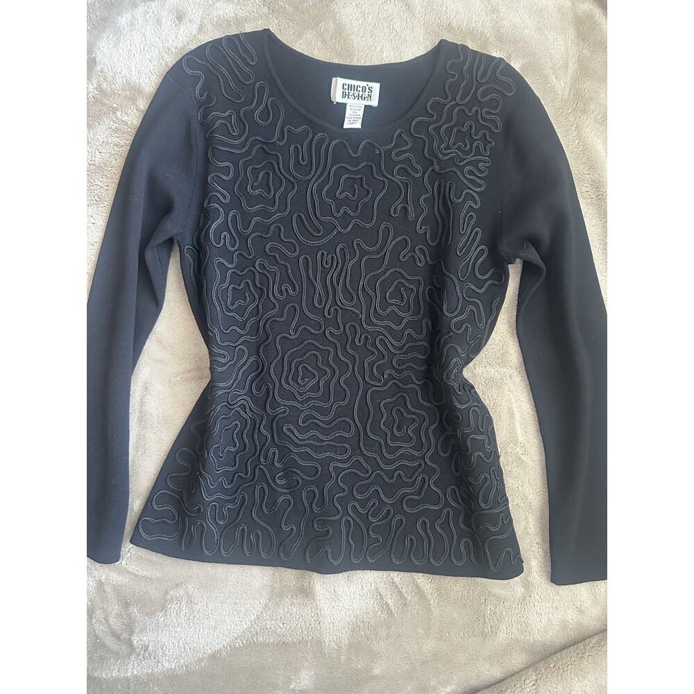 Vintage Chico’s Black Design Textured Swirl Long Sleeve Top (Sz 0 / Small)